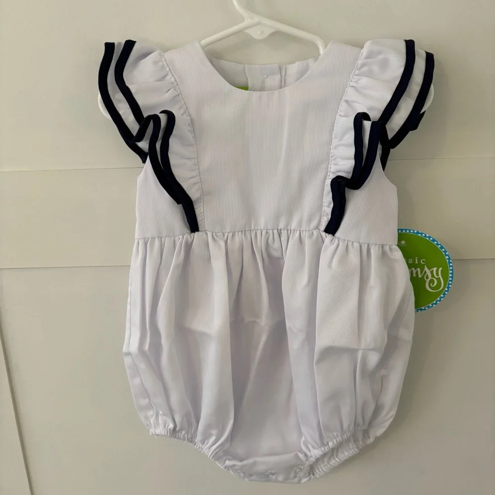 Classic Whimsy Flutter Sleeve Bubble Monogramable Romper. Size 24 months.